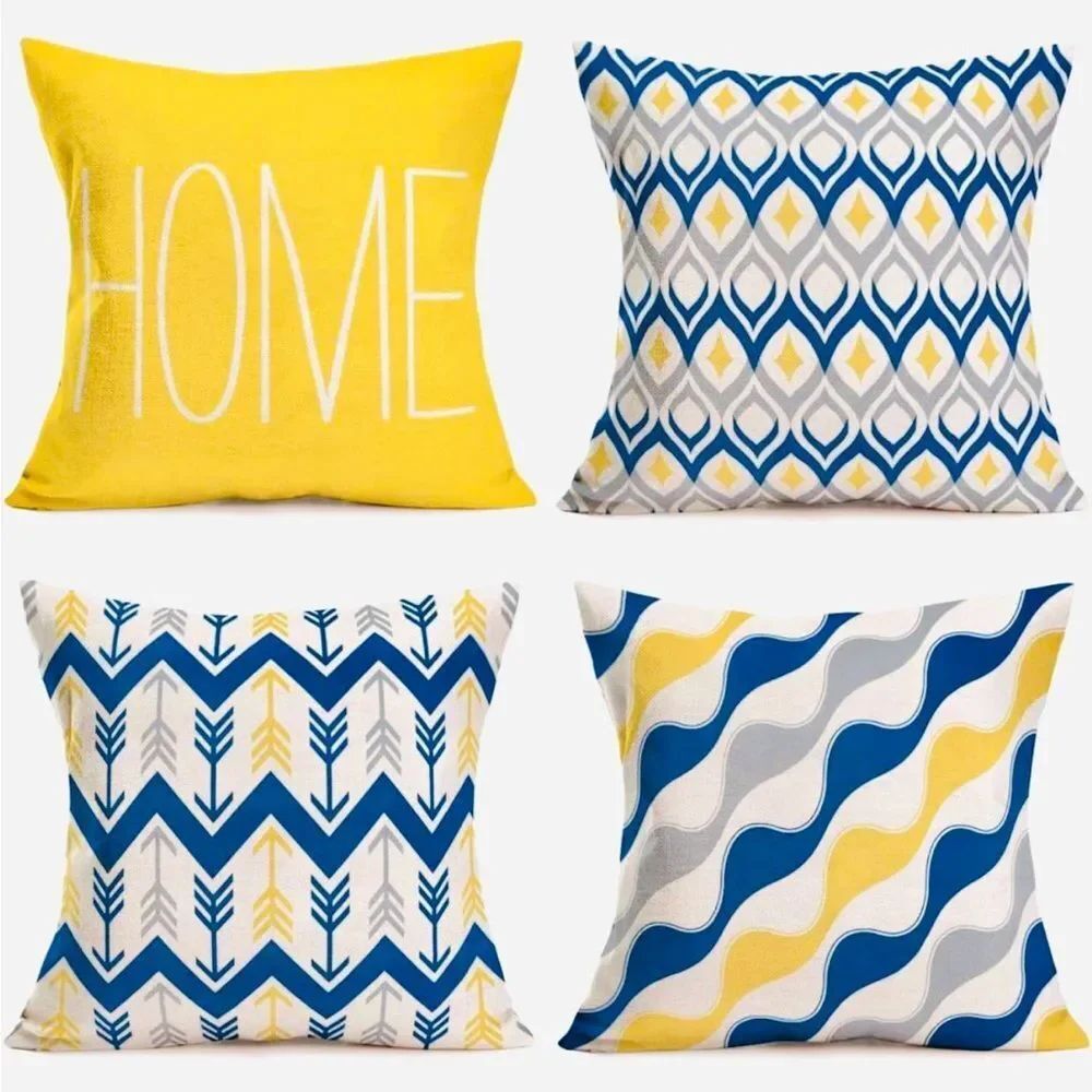 Geometric Set of 4 Throw Pillow Covers Blue Yellow Grey NEW